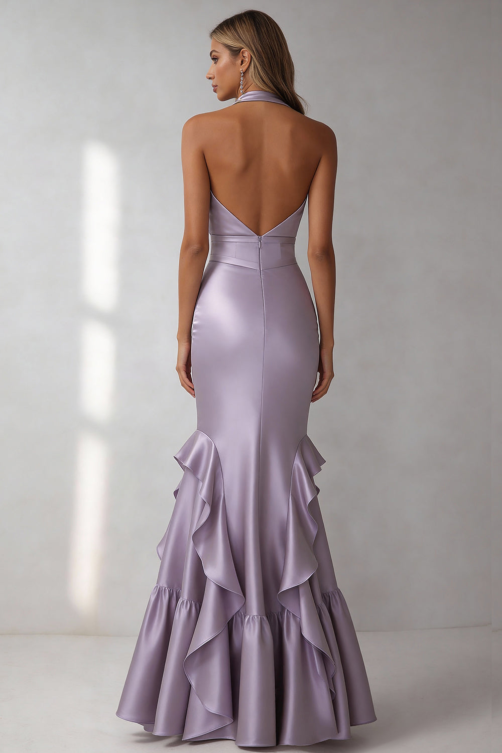 Leely Women Lilac Maxi Bridesmaid Dress with Ruffles Mermaid Halter Neck Backless Wedding Guest Dress – leelyuk