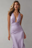 Lilac Mermaid Halter Neck Maxi Bridesmaid Dress with Ruffles