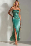 Emerald Green Spaghetti Straps Ruched Maxi Bridesmaid Dress with Slit