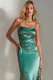Emerald Green Spaghetti Straps Ruched Maxi Bridesmaid Dress with Slit