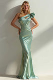 Sage Green One Shoulder Mermaid Maxi Bridesmaid Dress with Ruffles