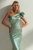 Sage Green One Shoulder Mermaid Maxi Bridesmaid Dress with Ruffles