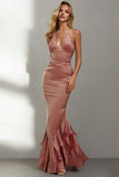 Dusty Rose Ruffled Mermaid Maxi Bridesmaid Dress with Lace