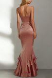 Dusty Rose Ruffled Mermaid Maxi Bridesmaid Dress with Lace