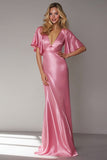 Pink V-Neck Backless Maxi Bridesmaid Dress with Sleeves