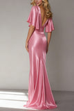 Pink V-Neck Backless Maxi Bridesmaid Dress with Sleeves