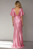 Pink V-Neck Backless Maxi Bridesmaid Dress with Sleeves