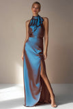 Electric Blue High Neck Long Wedding Guest Dress with Slit