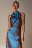 Electric Blue High Neck Long Wedding Guest Dress with Slit