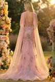 Floral Blush Mermaid Sweetheart Maxi Prom Dress with Cape