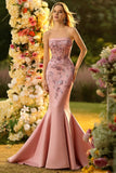Floral Blush Mermaid Strapless Sparkly Maxi Corset Prom Dress with Sequins