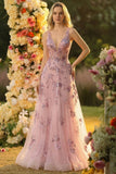 Sparkly Floral Blush Ball Gown Tulle V-Neck Long Prom Dress with Bow