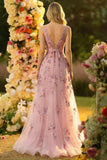 Sparkly Floral Blush Ball Gown Tulle V-Neck Long Prom Dress with Bow