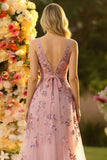 Sparkly Floral Blush Ball Gown Tulle V-Neck Long Prom Dress with Bow