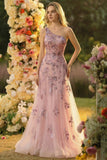 Floral Blush One Shoulder Tulle Sparkly Maxi Prom Dress with Appliques