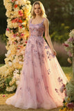 Sparkly Floral Blush Princess Backless Tulle Maxi Corset Prom Dress