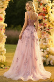 Sparkly Floral Blush Princess Backless Tulle Maxi Corset Prom Dress