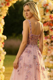Sparkly Floral Blush Princess Backless Tulle Maxi Corset Prom Dress