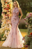 Floral Blush Tulle Sparkly Mermaid Halter Neck Maxi Prom Dress