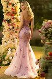Floral Blush Tulle Sparkly Mermaid Halter Neck Maxi Prom Dress