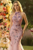 Floral Blush Tulle Sparkly Mermaid Halter Neck Maxi Prom Dress