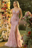 Sparkly Floral Blush Mermaid Sweetheart Maxi Corset Prom Dress with Slit