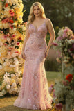 Sparkly Blush Floral Mermaid Spaghetti Straps Maxi Prom Dress