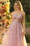 Sparkly Blush Floral Princess Spaghetti Straps Tulle Long Prom Dress