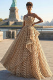 Black and Apricot Polka Dots Princess Ruffled Strapless Maxi Prom Dress