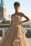 Black and Apricot Polka Dots Princess Ruffled Strapless Maxi Prom Dress