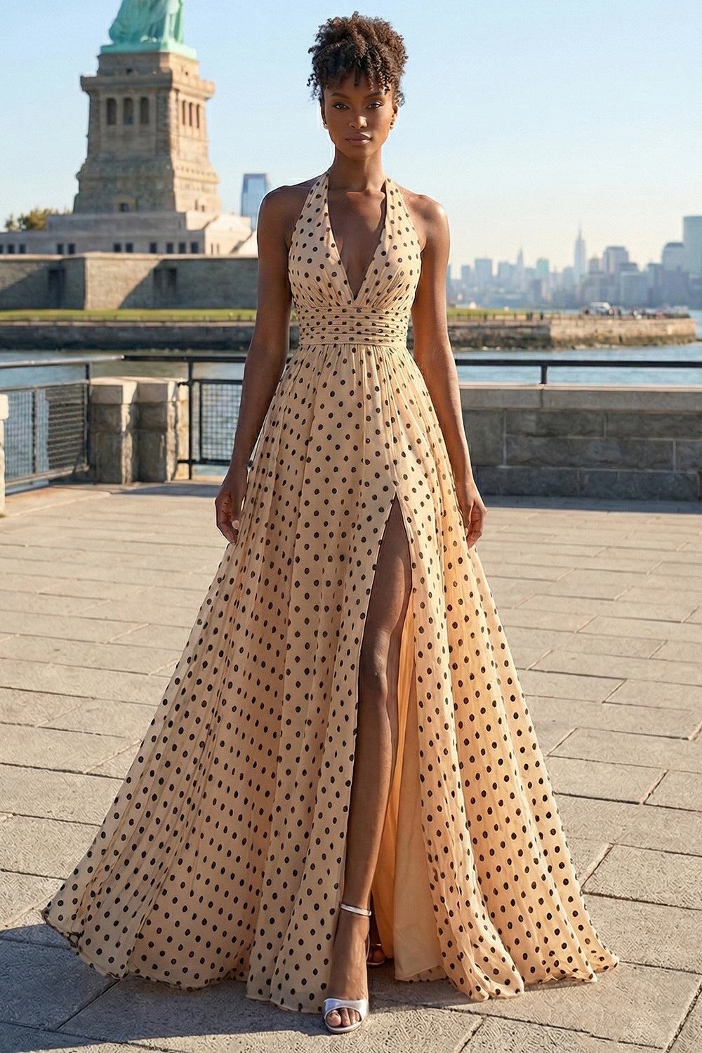 Leely Women Black and Apricot Polka Dots Backless Maxi Prom Dress with Slit A Line Halter Neck Formal Dress with Bow leelyuk Leely Women Black and Apricot Polka Dots Backless Maxi Prom Dress with Slit A Line Halter Neck Formal Dress with Bow leelyuk