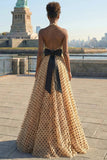 Black and Apricot Polka Dots Ball Gown Halter Neck Maxi Prom Dress with Slit