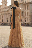 Black and Apricot Polka Dots A Line One Shoulder Maxi Prom Dress with Bow