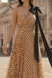 Black and Apricot Polka Dots A Line One Shoulder Maxi Prom Dress with Bow