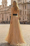 Black and Apricot Polka Dots Halter Neck A Line Maxi Prom Dress with Slit