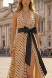 Black and Apricot Polka Dots Halter Neck A Line Maxi Prom Dress with Slit