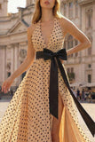Black and Apricot Polka Dots Halter Neck A Line Maxi Prom Dress with Slit