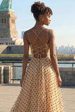 Black and Apricot Polka Dots Ball Gown Maxi Prom Dress with Slit