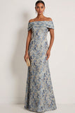 Grey Blue Floral Mermaid Jacquard Long Formal Dress