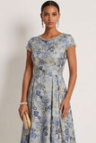 Grey Blue Floral A Line Long Formal Dress with Beading
