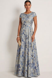 Grey Blue Floral A Line Long Formal Dress with Beading