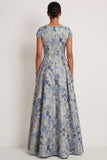 Grey Blue Floral A Line Long Formal Dress with Beading