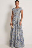 Grey Blue Floral A Line Long Formal Dress with Beading