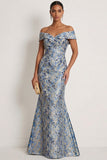 Grey Blue Floral Mermaid Jacquard Maxi Formal Dress