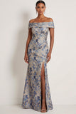 Grey Blue Floral Mermaid Jacquard Maxi Formal Dress with Slit