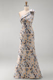 Grey Blue Floral Mermaid Jacquard One Shoulder Maxi Formal Dress