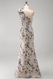 Grey Blue Floral Mermaid Jacquard One Shoulder Maxi Formal Dress