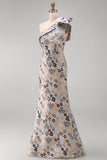 Grey Blue Floral Mermaid Jacquard One Shoulder Maxi Formal Dress