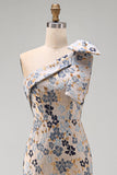 Grey Blue Floral Mermaid Jacquard One Shoulder Maxi Formal Dress
