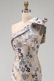 Grey Blue Floral Mermaid Jacquard One Shoulder Maxi Formal Dress